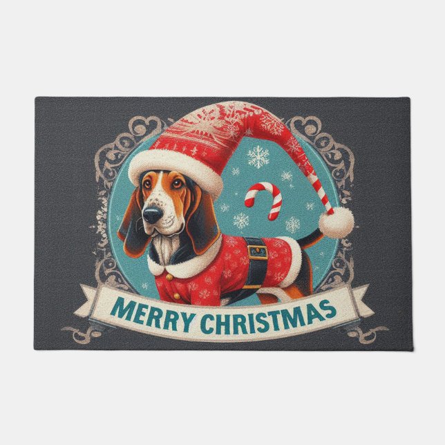 Felpudo Merry Christmas Bluetick Coonhound Dog Santa Hat (Anverso)