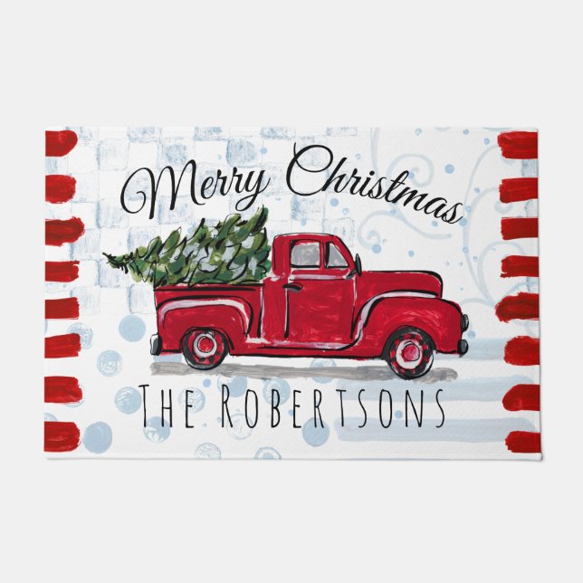 Felpudo Merry Christmas Red Truck Personalized Door Mat (Anverso)