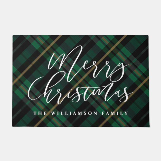 Felpudo Merry Christmas Script Green Plaid Family Name (Anverso)