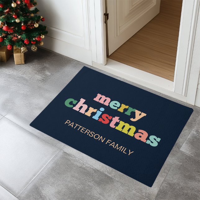 Felpudo MERRY CHRISTMAS Script Typography Personalizado Fa (MERRY CHRISTMAS Script Typography Custom Family Doormat)