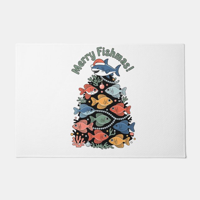Felpudo Merry Fishmas Christmas Tree Fish Funny Fishing (Anverso)