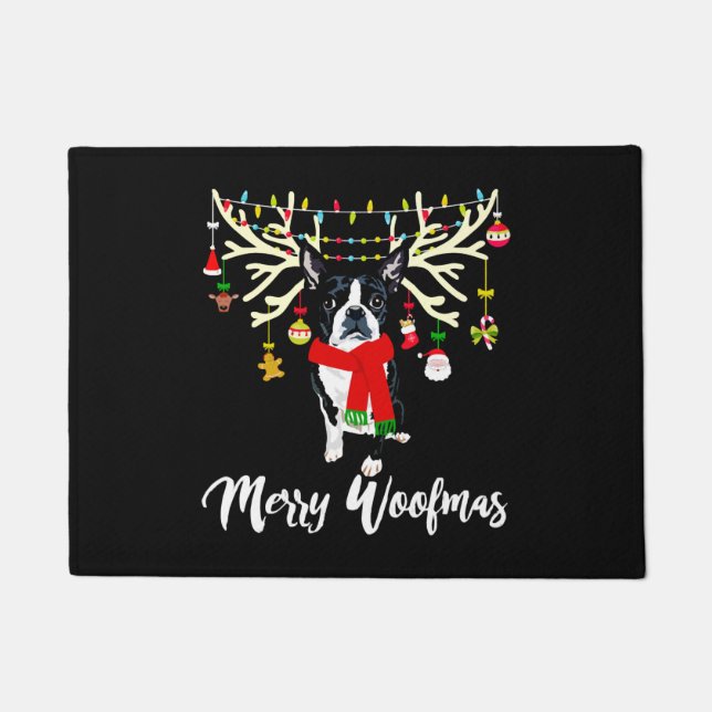 Felpudo Merry Woofmas Boston Terrier Reindeer Navidades (Anverso)