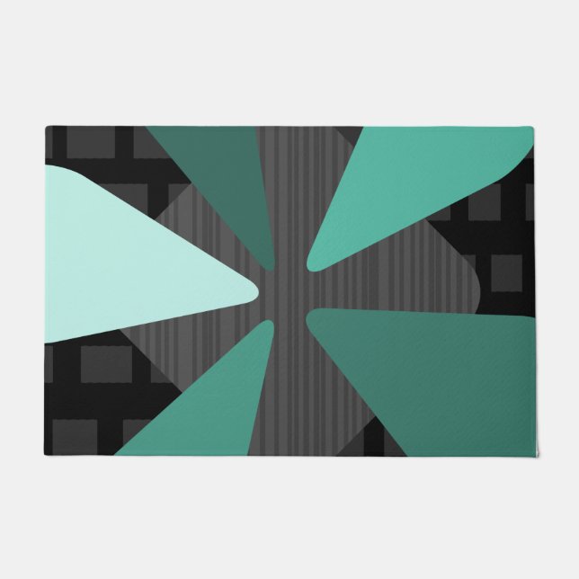 Felpudo Mid Century Moderno ‘Petals’ Art Turquesa Negro (Anverso)