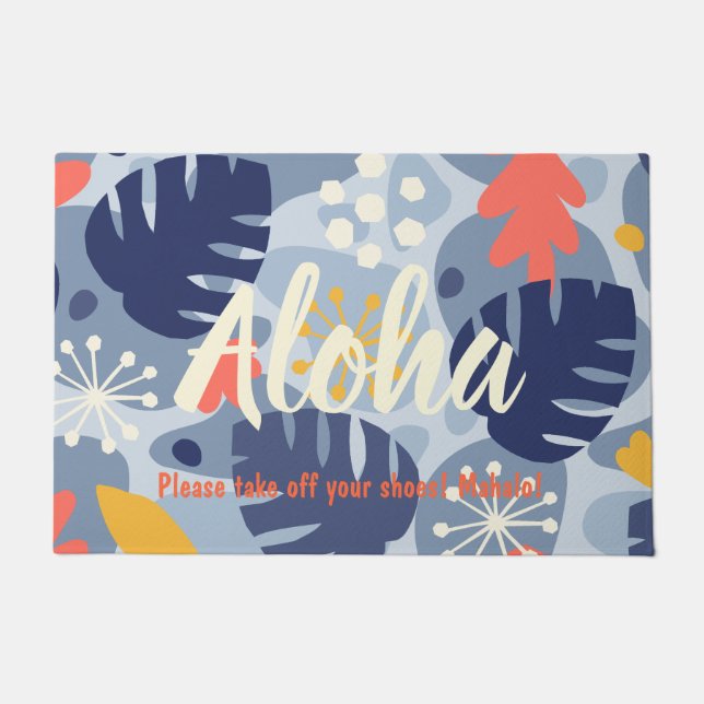 Felpudo Mod Monstera Leaf Resumen Tropical Hawaiano - Azul (Anverso)