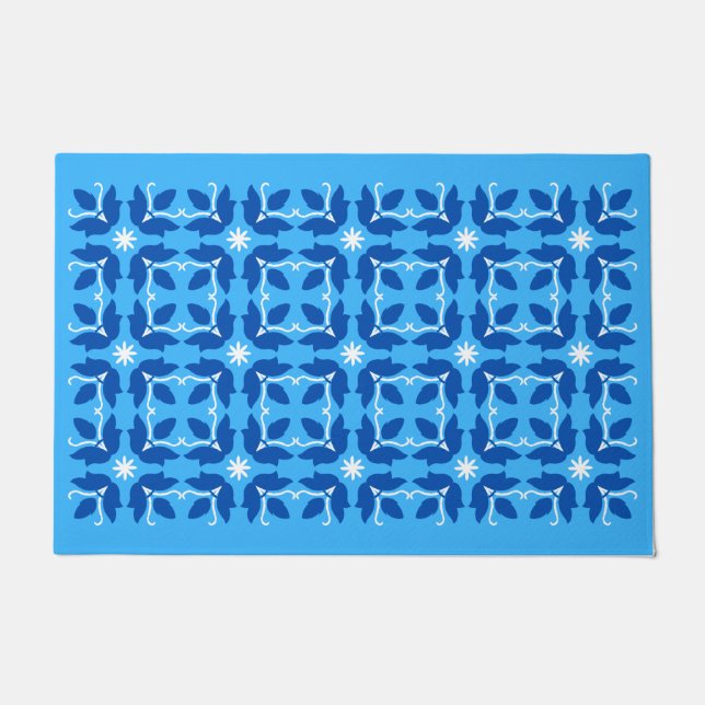 Felpudo Moda Azul Tile Flor Patrón Gran Cubierta (Anverso)