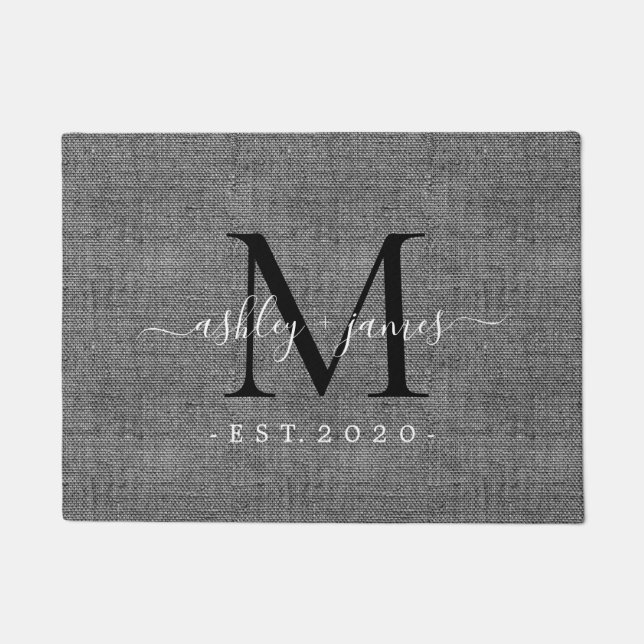 Felpudo Moda Black Monogram Script Names Year Gray Linen (Anverso)