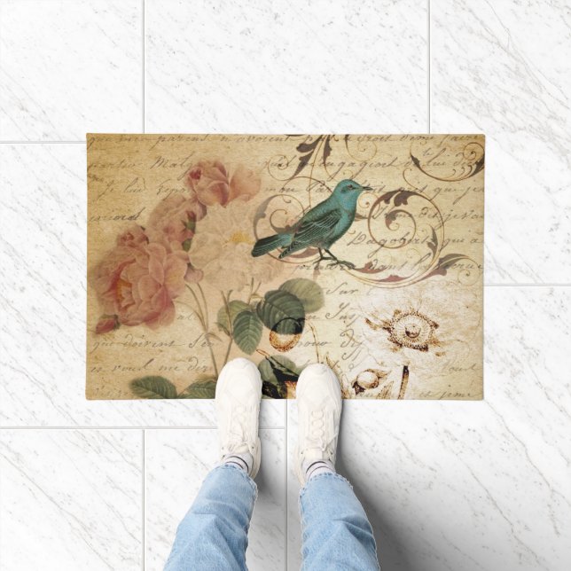 Felpudo Moda bohemia Paris Scripts pájaro botánico francés (Interior)