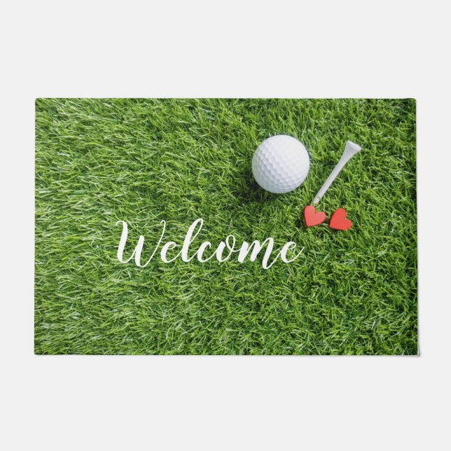 Felpudo Moda de bienvenida de golf con amor sobre hierba v (Anverso)