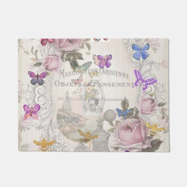 Felpudo Moda francesa, rústico rural, estampado floral, ro (Anverso)