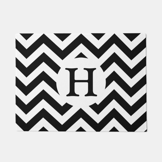 Felpudo Moda Negro Chevron Blanco Personalizado Zigzag Mon (Anverso)