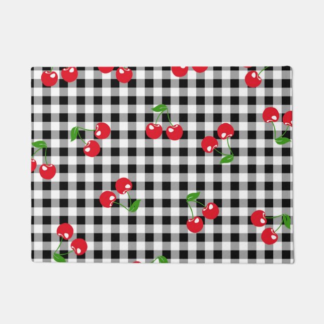 Felpudo Moda Retro Cherry Rojo y Gingham Blanco Negro (Anverso)