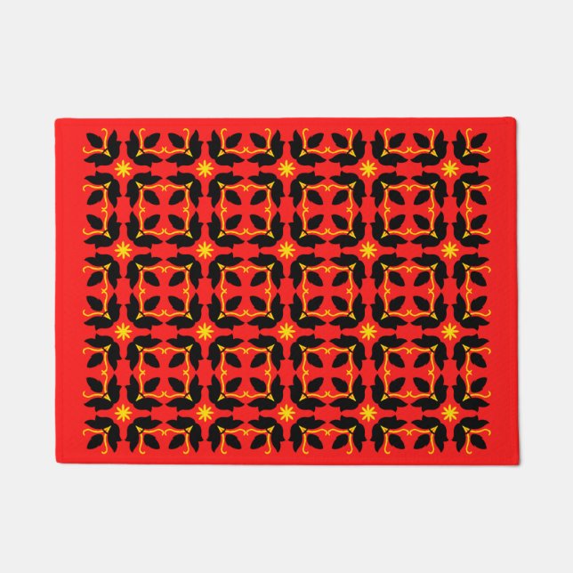 Felpudo Moda Tile Rojo Patrón Flores Pequeña Mat de puerta (Anverso)