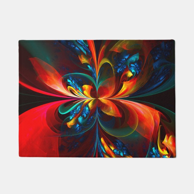 Felpudo Modern Floral Resumen Art Naranja Patrón Azul #14 (Anverso)