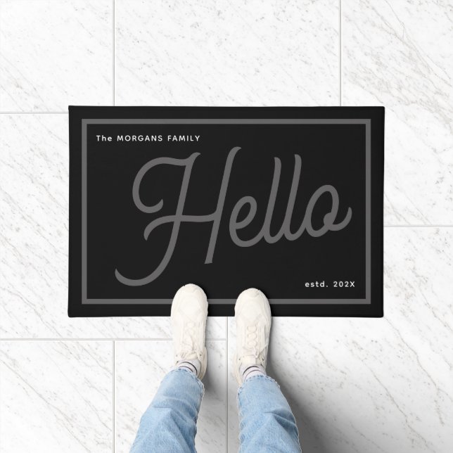 Felpudo Modern Hello Grey White Script Family Name (Interior)