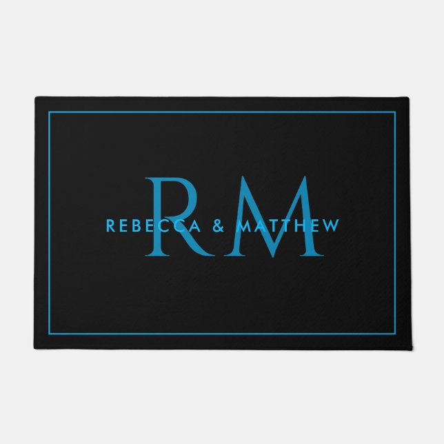 Felpudo Modern Minimalist Blue Black Couple Monogram (Anverso)