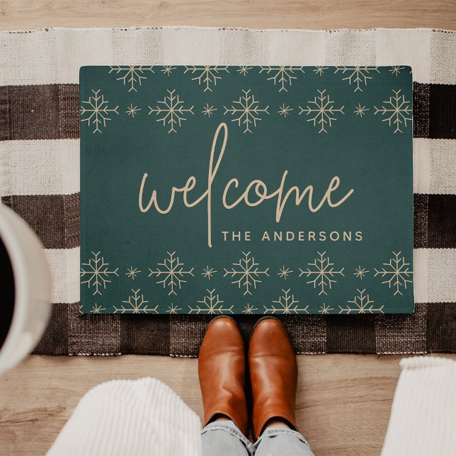 Felpudo Modern Snowflakes Personalized Welcome (Subido por el creador)