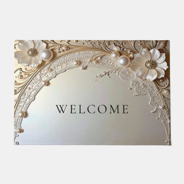 Felpudo Modern White Flowers Pearls Doormat (Anverso)