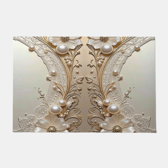 Felpudo Modern White Flowers Pearls Doormat (Anverso)