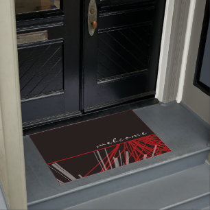 Felpudo Moderna decoración blanco negro y rojo bienvenida