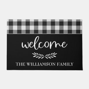 Felpudo Moderna granja Black Buffalo Plaid Family Name