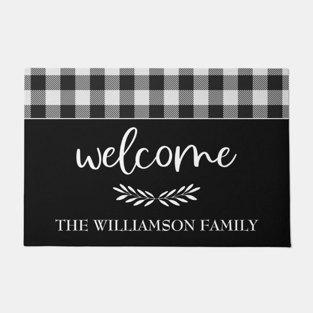 Felpudo Moderna granja Black Buffalo Plaid Family Name (Anverso)