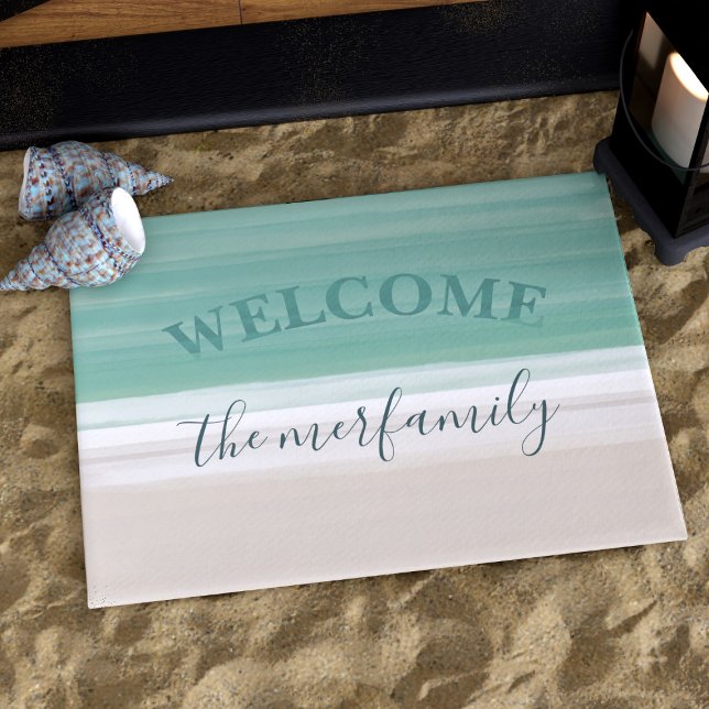 Felpudo Moderna playa turquesa en el océano Doormat (An ocean beach themed doormat to welcome your guests at your Beach House. Just add your name)