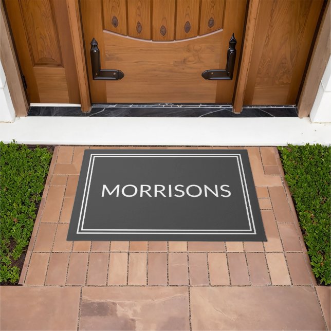 Felpudo Moderno borde doble de nombre personalizado gris d (Exterior)