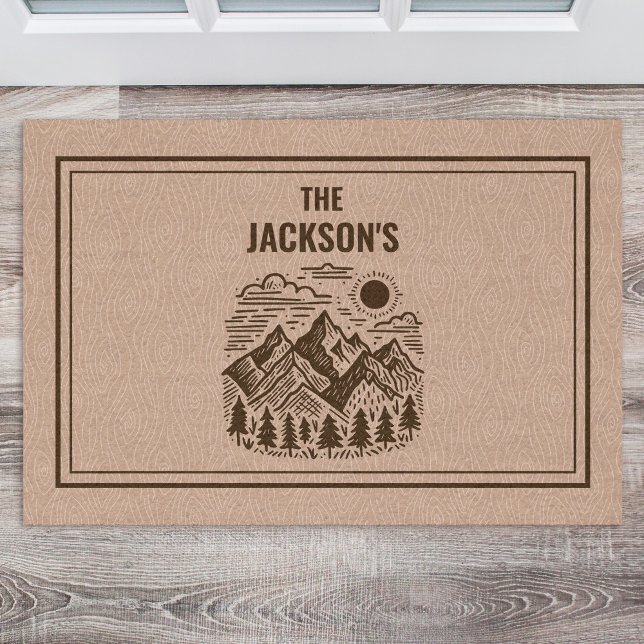Felpudo Moderno Rústico Montaña Personalizado (Modern Rustic Mountain Hand-drawn Custom Name Doormat)