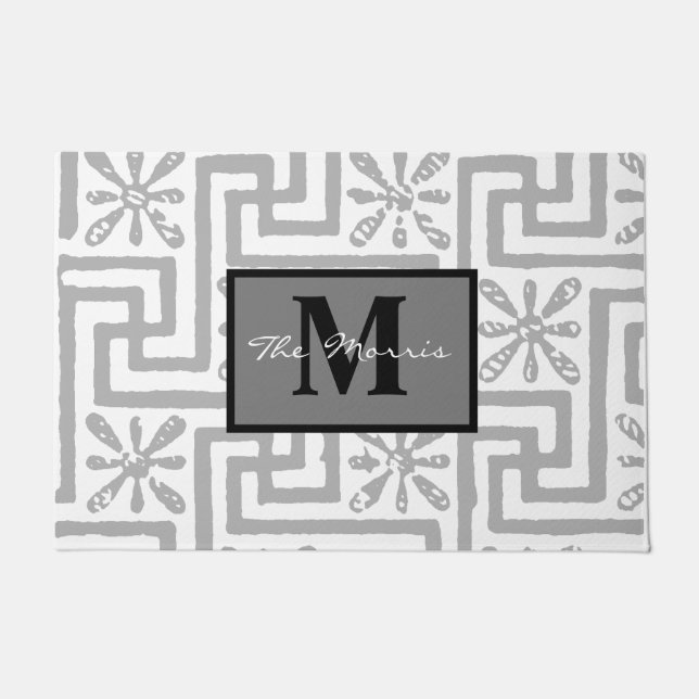 Felpudo Moderno y elegante llave griega monograma gris lin (Anverso)