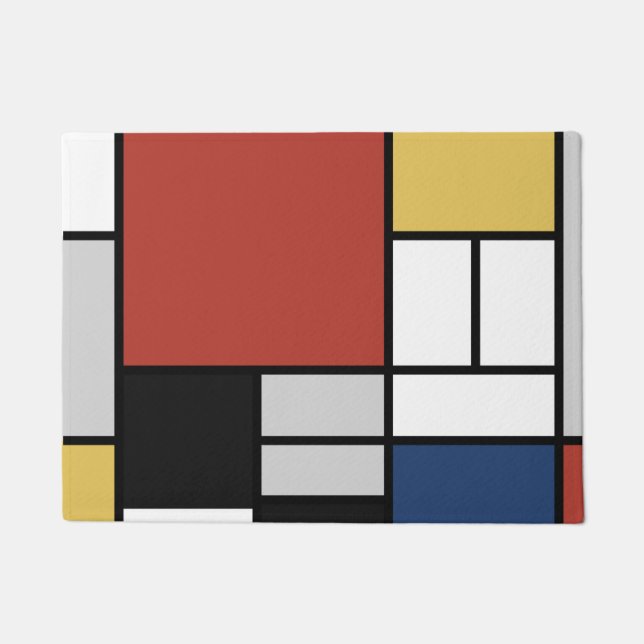 Felpudo Mondrian Pintura de Plano Rojo Amarillo Azul Gris  (Anverso)