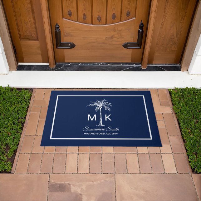 Felpudo Monogram Blue White Palm Tree Personalized (Exterior)