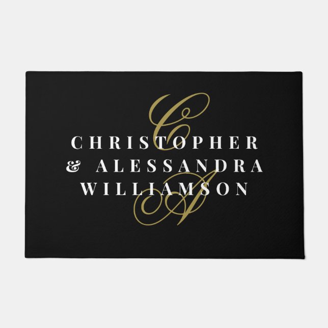 Felpudo Monogram Couple Names Black Gold White Minimalist  (Anverso)