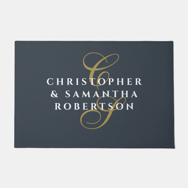 Felpudo Monogram Couple Navy Blue Gold White Minimalist  (Anverso)