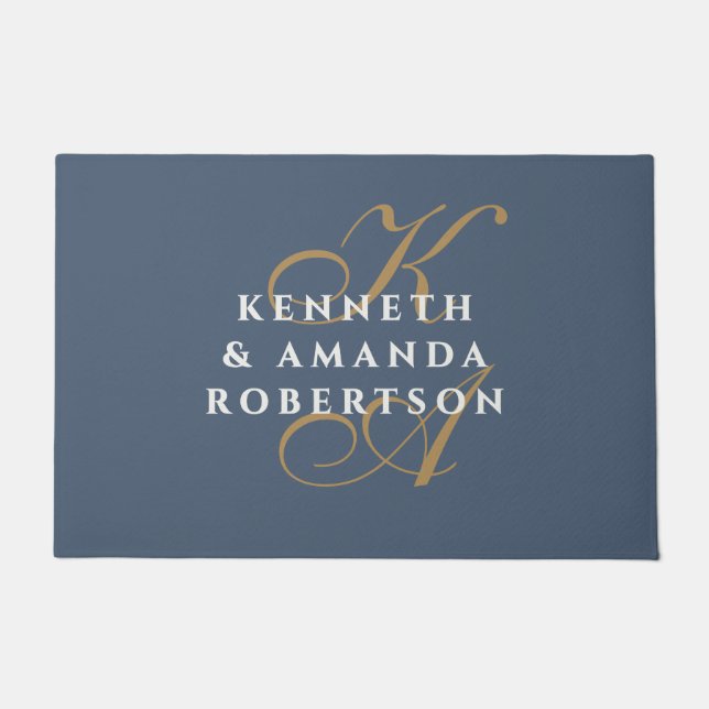 Felpudo Monogram Couple Slate Blue Brass White Minimalist  (Anverso)