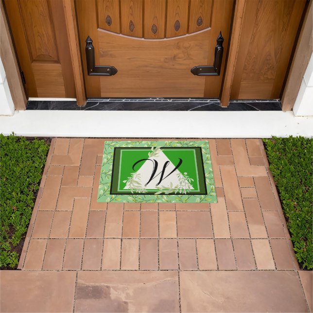 Felpudo Monogram Elegant Green Leaves Doormat (Exterior)