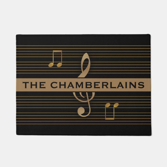 Felpudo Monogram Faux Gold Treble Clef and Notes on BLACK (Anverso)