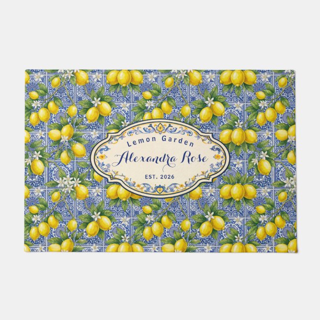 Felpudo Monogram Name Lemon Blue French Country Tile  (Anverso)