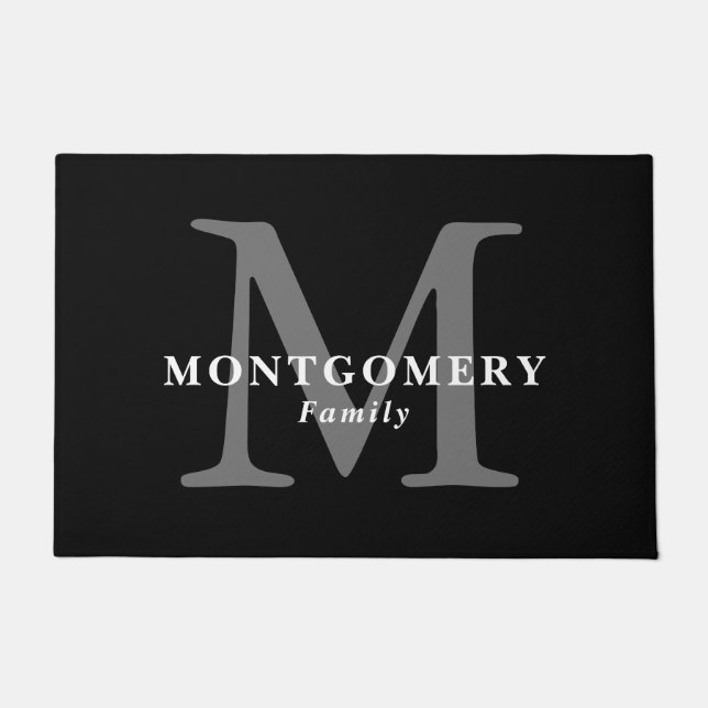 Felpudo Monograma blanco negro Gris Elegante nombre de fam (Anverso)
