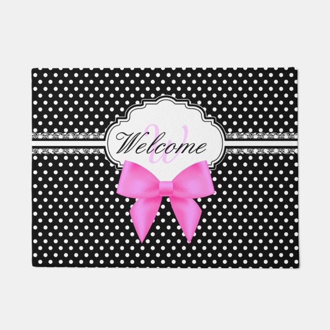 Felpudo Monograma blanco y negro retro del arco del rosa (Anverso)