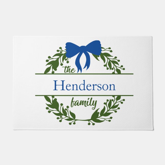 Felpudo Monograma Blue Bow Green Wreath Family (Anverso)