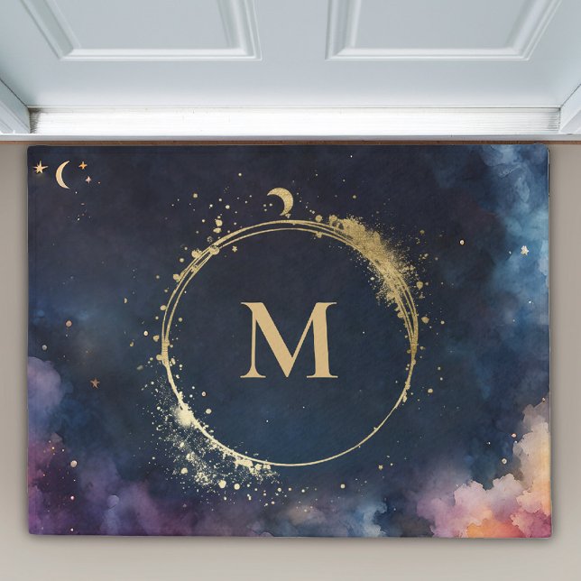 Felpudo Monograma Celestial Galaxia Azul Galaxia Cielo Pla (elestial galaxy personalized midnight blue space doormat custom monogram gift)