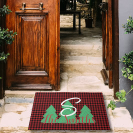 Felpudo Monograma de árbol de navidad rojo negro tocado en