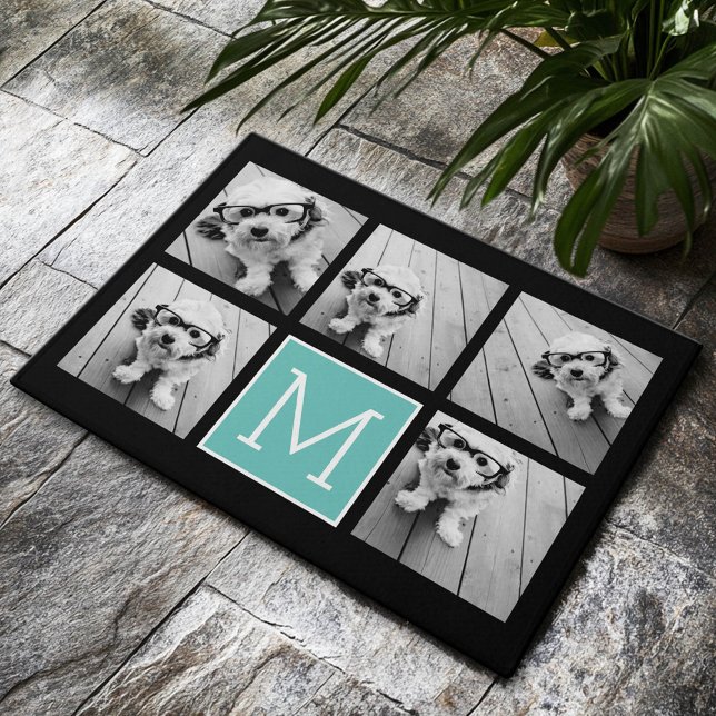 Felpudo Monograma de Collage de fotos verde azulado y negr (Custom Welcome Mat)