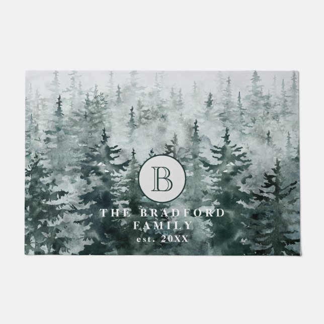 Felpudo Monograma de la familia del bosque verde del invie (Anverso)