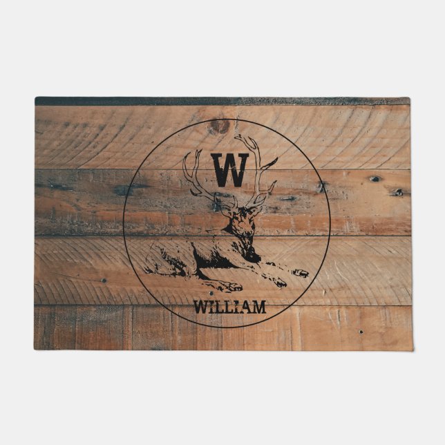 Felpudo Monograma de madera rústica personalizado (Anverso)