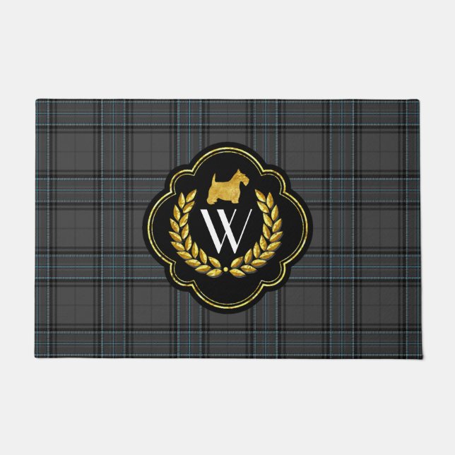 Felpudo Monograma del escocés en la tela escocesa mágica (Anverso)