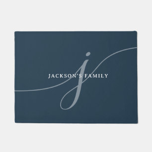 Felpudo Monograma elegante de escritura blanca azul de la