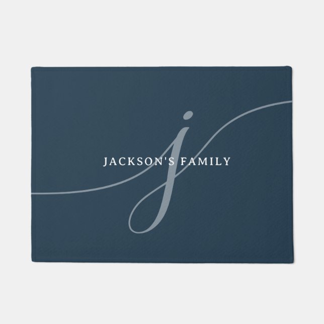 Felpudo Monograma elegante de escritura blanca azul de la  (Anverso)