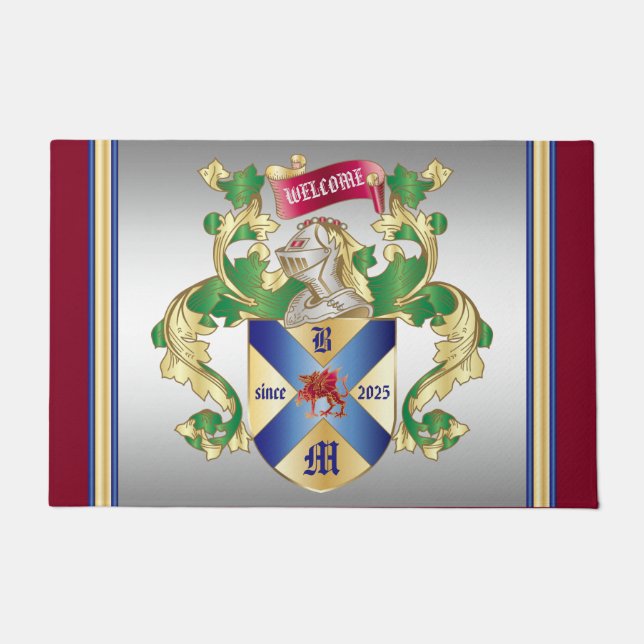 Felpudo Monograma escudo de armas plata caballero dragón (Anverso)