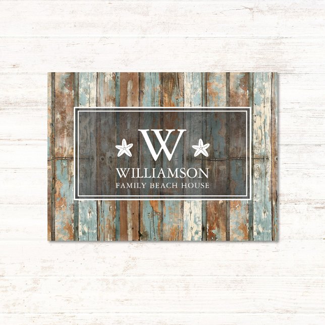 Felpudo Monograma Familia Rustic Boho Wood Beach House (Subido por el creador)